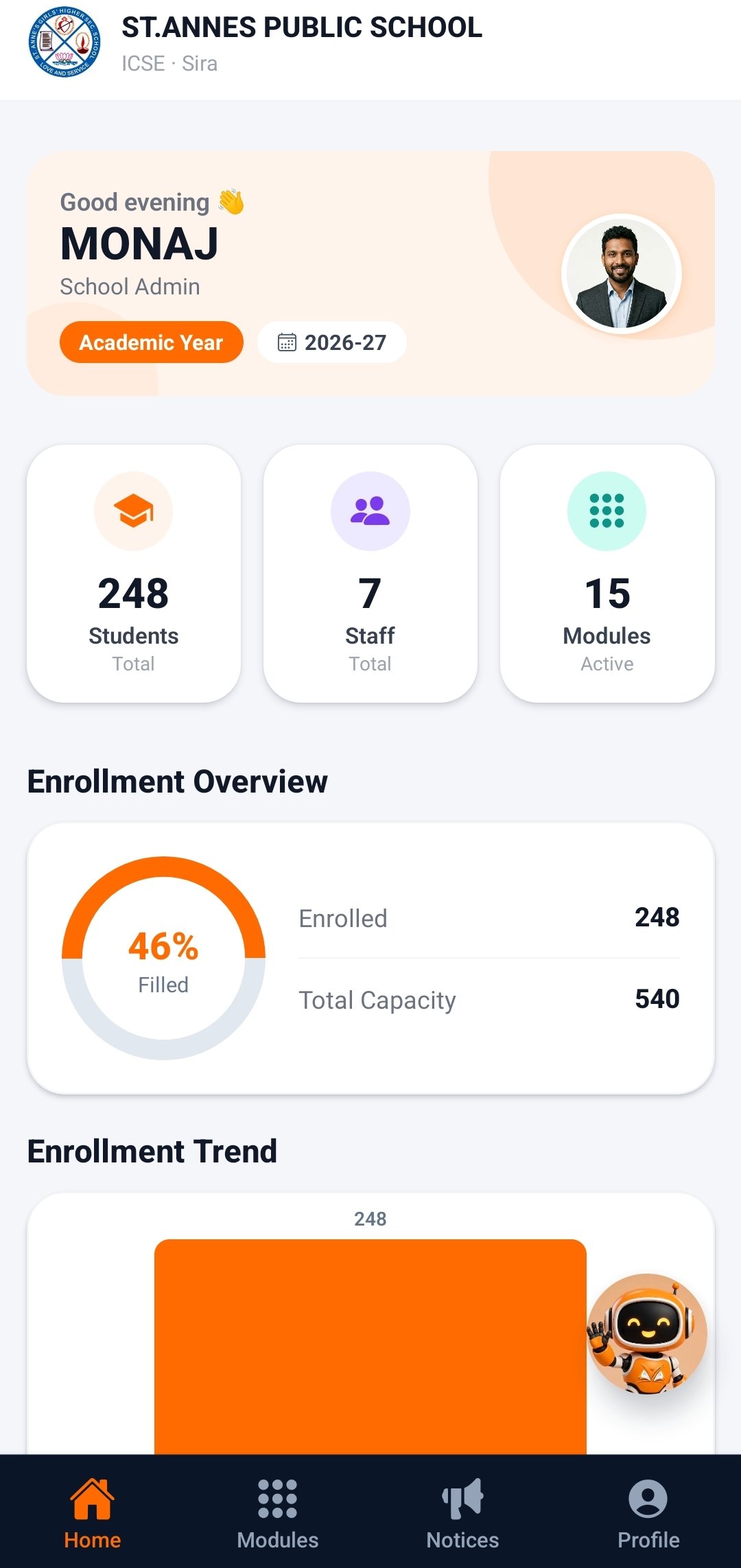 VegaEdu mobile app dashboard for school management